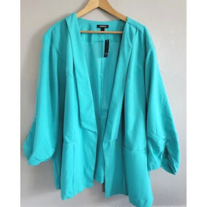 Torrid Open Front Blazer Women's 6X Green Ruched Sleeve Pockets Lightweight Nwt